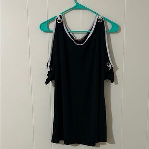 Belldini Black Cold Shoulder Blouse with White Trim